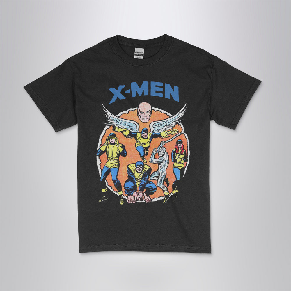 The X-Men #1 vintage comic book t-shirt  with DTG printed  original team art (Cyclops, Jean Grey, Beast, Angel, Iceman, Professor X) on a black unisex crew neck tee. High-quality graphic tee  for comic book fans.