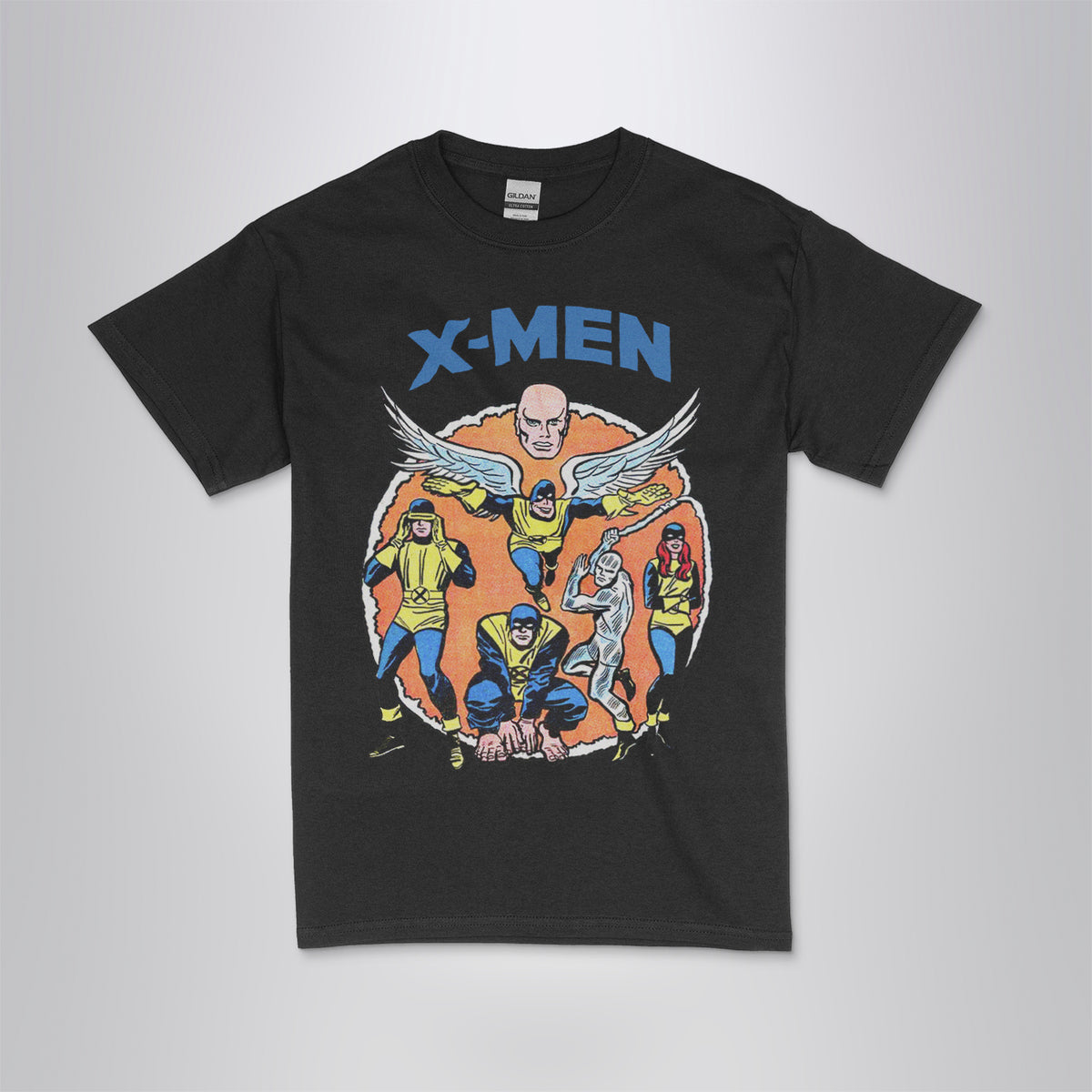 The X-Men #1 vintage comic book t-shirt  with DTG printed  original team art (Cyclops, Jean Grey, Beast, Angel, Iceman, Professor X) on a black unisex crew neck tee. High-quality graphic tee  for comic book fans.