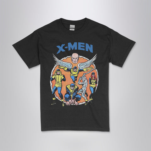 The X-Men #1 vintage comic book t-shirt  with DTG printed  original team art (Cyclops, Jean Grey, Beast, Angel, Iceman, Professor X) on a black unisex crew neck tee. High-quality graphic tee  for comic book fans.