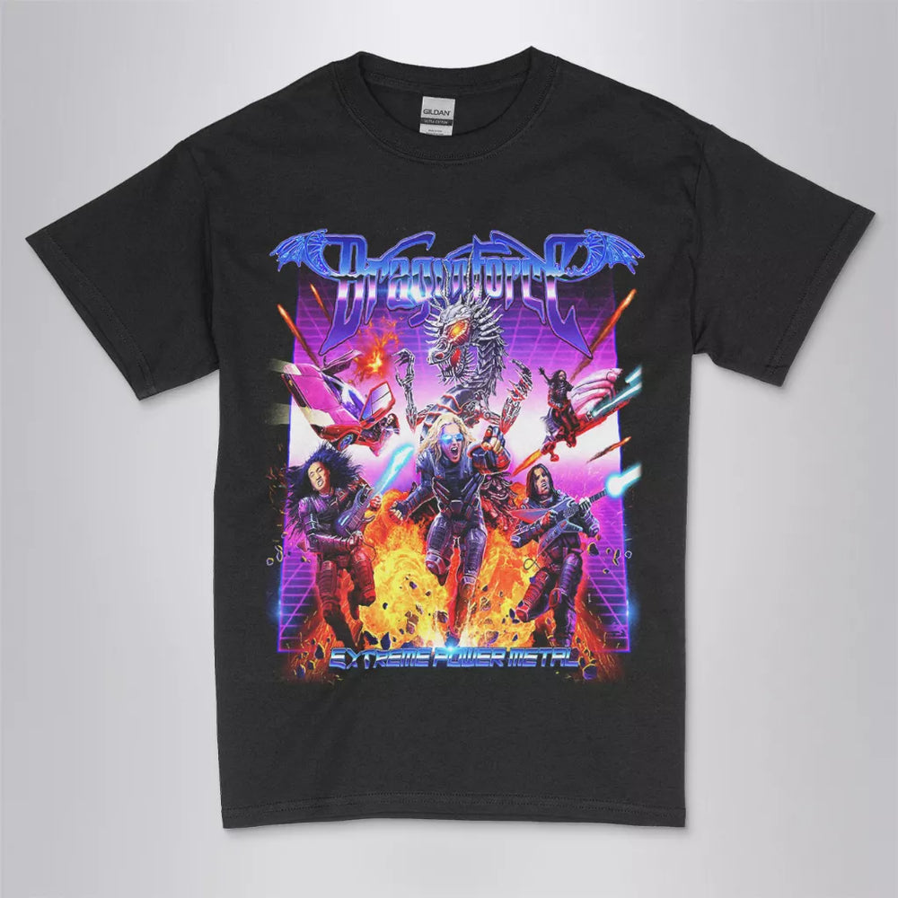 DragonForce Extreme Power Metal power metal band t-shirt  with DTG printed  album art on a black unisex crew neck tee. High-quality graphic tee  for metal fans.