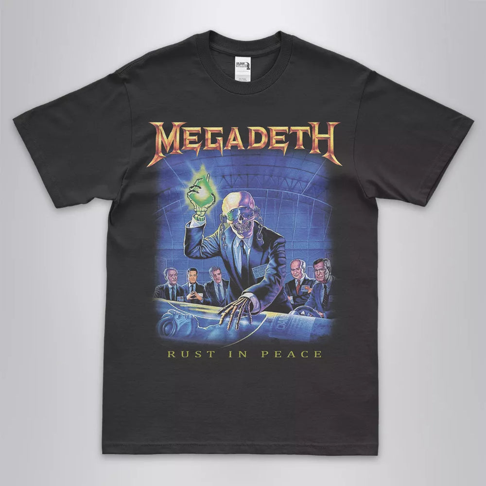 Megadeth Rust In Peace thrash metal band t-shirt  with DTG printed  album art on a black unisex crew neck tee. High-quality graphic tee  for metal fans.