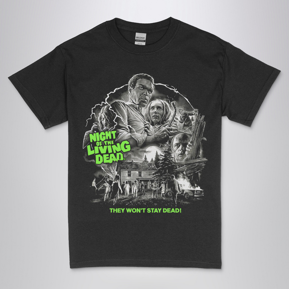 Night Of The Living Dead movie t-shirt  with DTG printed  black and green graphic featuring characters and zombies from the 1968 film on a black unisex crew neck tee. High-quality graphic tee  for horror movie fans.