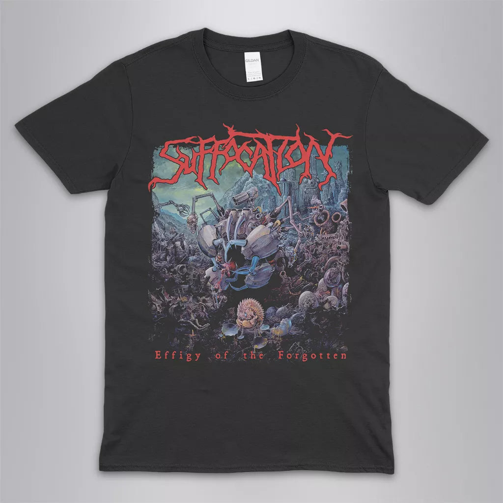 Suffocation Effigy of the Forgotten death metal band t-shirt  with DTG printed  album art on a black unisex crew neck tee. High-quality graphic tee  for metal fans  and collectors.